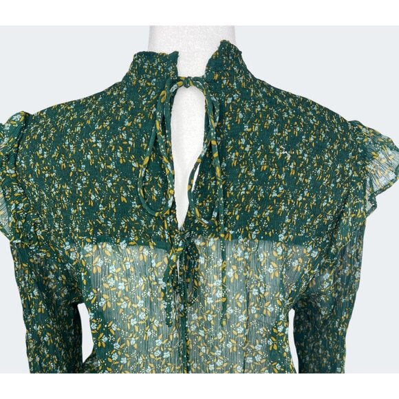 Free People Roma Forest Green Floral Sheer Mock Neck Long Sleeve Blouse Medium - Picture 12 of 15